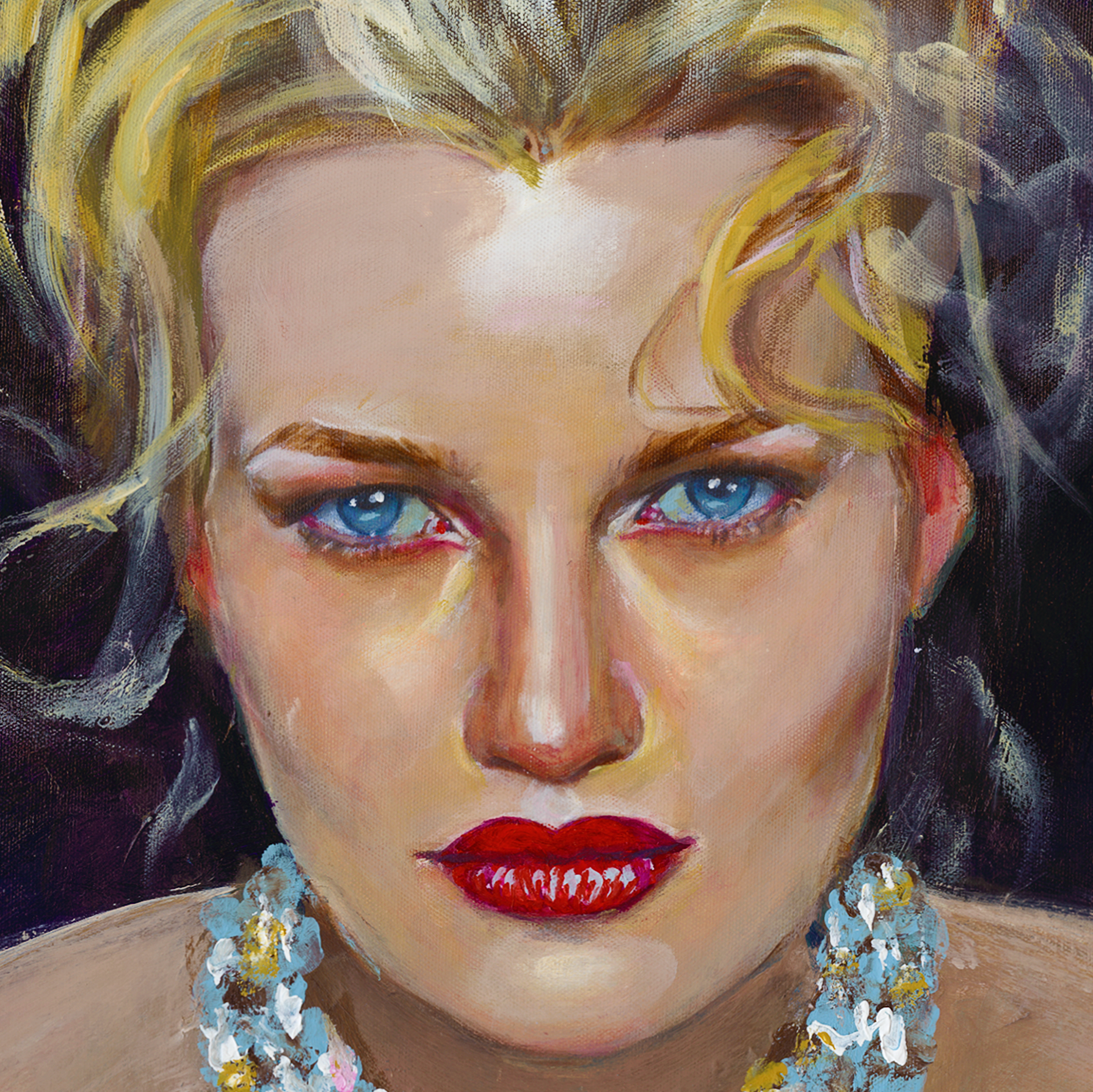 Close-up of a woman's face with blonde hair and red lipstick, wearing earrings against a dark background.