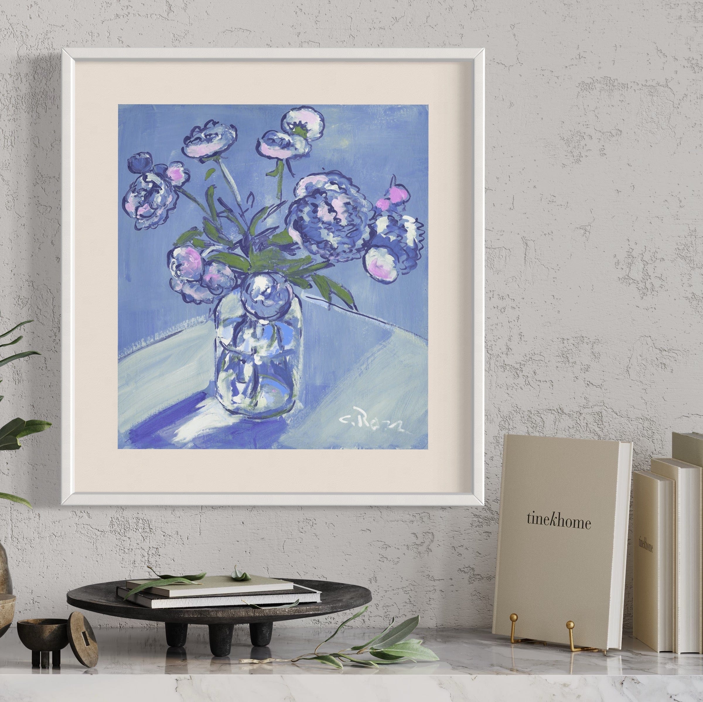 Pixels Art Print Peonies In Blue - Art Print