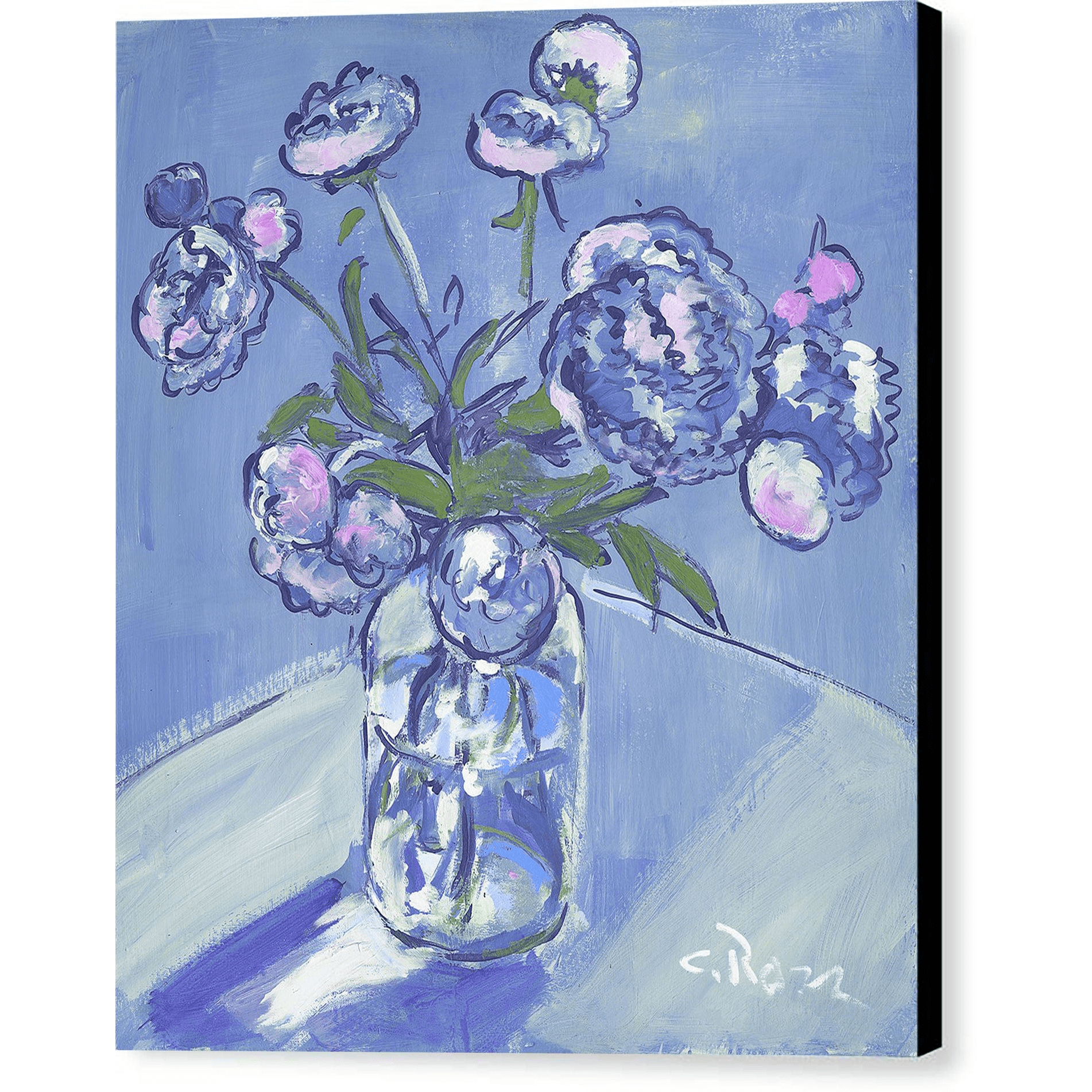 Pixels Canvas Print 9" x 10" / Black / Glossy Peonies In Blue - Canvas Print