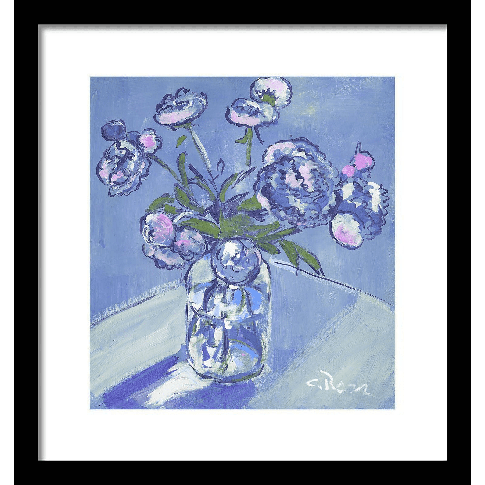 Pixels Framed Print Black / 9" x 10" Peonies In Blue - Framed Print